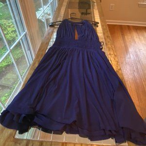 Navy cocktail dress gold zipper tie up sides